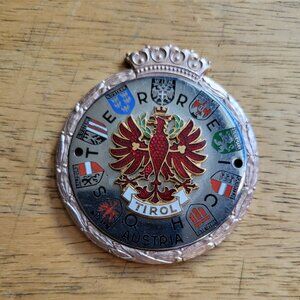 VINTAGE ENAMEL AUTOMOBILE RADIATOR CAR BADGE TIROL STATES OF AUSTRIA RED EAGLE